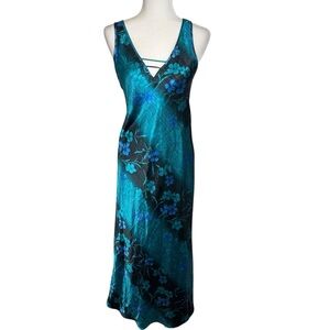 Vtg Warners Y2K Maxi Slip Dress Green Floral Satin Gown Glam 90s Boho Gown Sz M